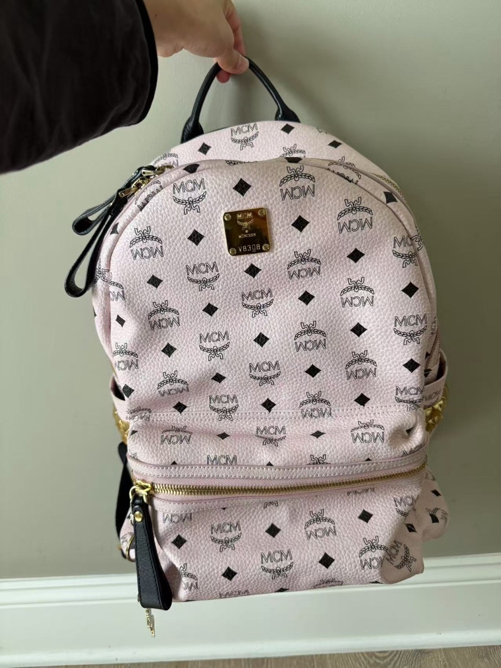 MCM Pale Pink Logo Print Backpack with Gold Hardware
